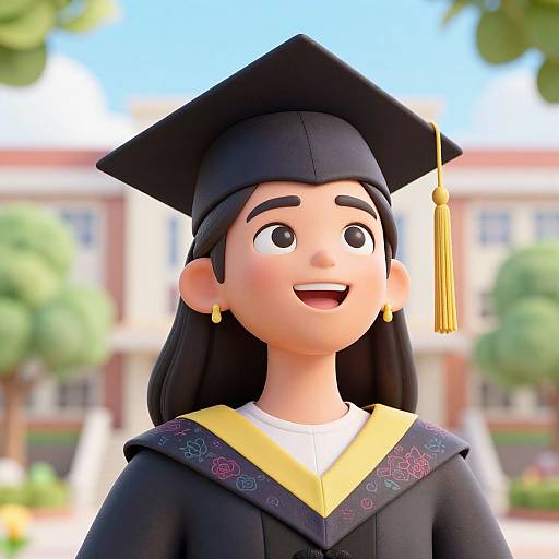 3D CGI image of a smiling young woman with long black hair, wearing a black graduation cap with yellow tassel, black gown with yellow and pink