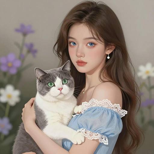 Calm Woman with Cat in Floral Setting