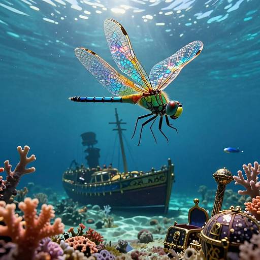 Photograph of a vividly colored dragonfly with iridescent wings above a sunken pirate ship and coral reef in a sunlit underwater scene.
