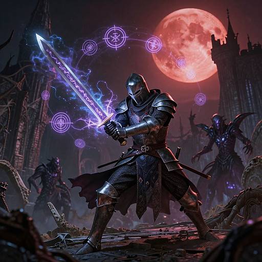 Digital art of a glowing, armored knight wielding a blue, magical sword surrounded by purple circles, under a red moon, in a dark, gothic