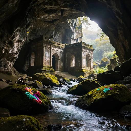 Ancient Ruins Inside Underground Cavern with Phosphorescent Moss