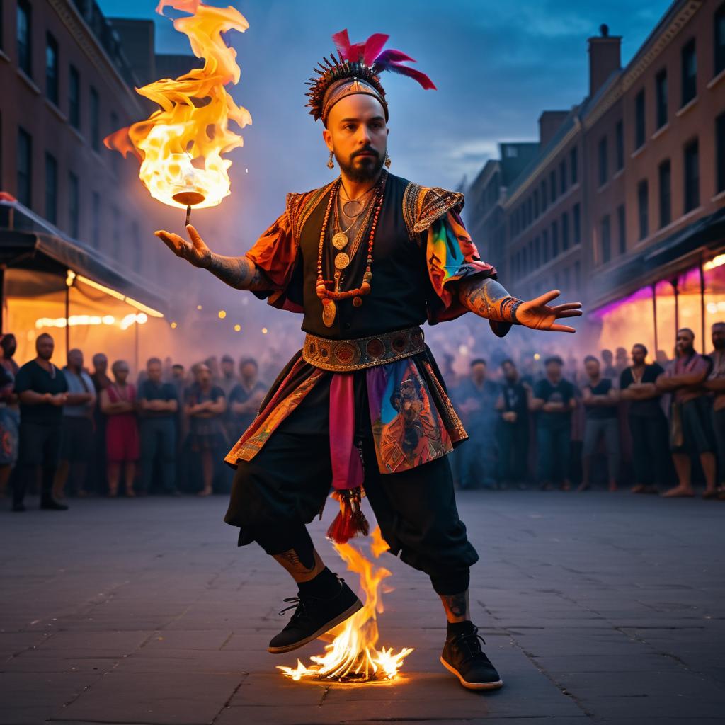 Vibrant Fire Juggler in Urban Square