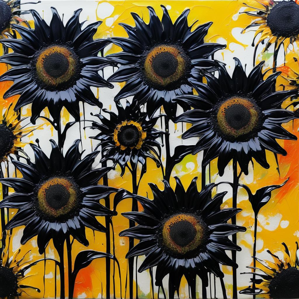 Abstract Black Sunflowers in Pollock Style