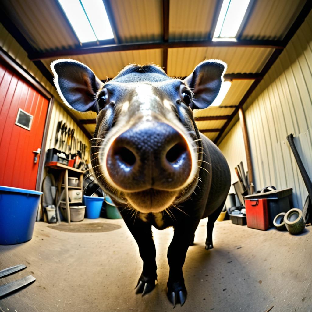 Comical Tapir in a Chaotic Garage