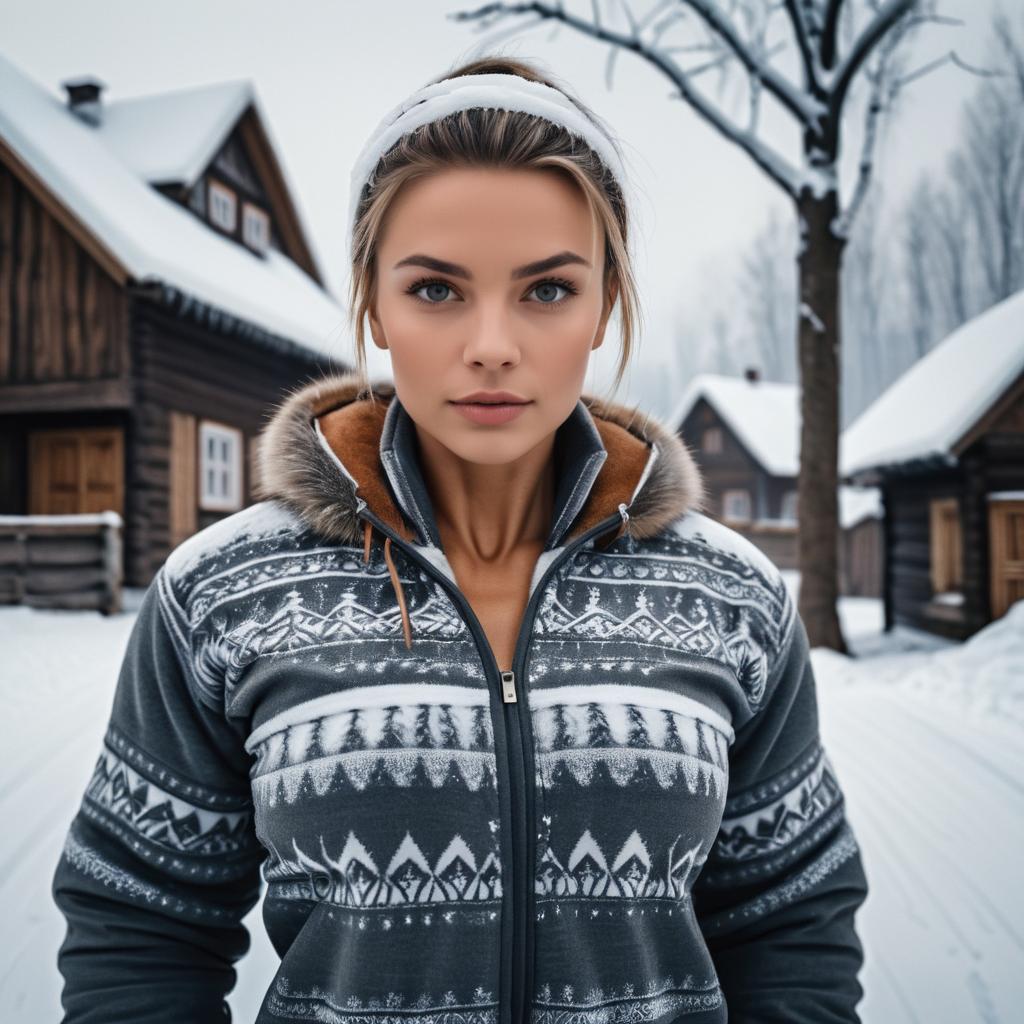 Fit Slavic Woman in Snowy Village