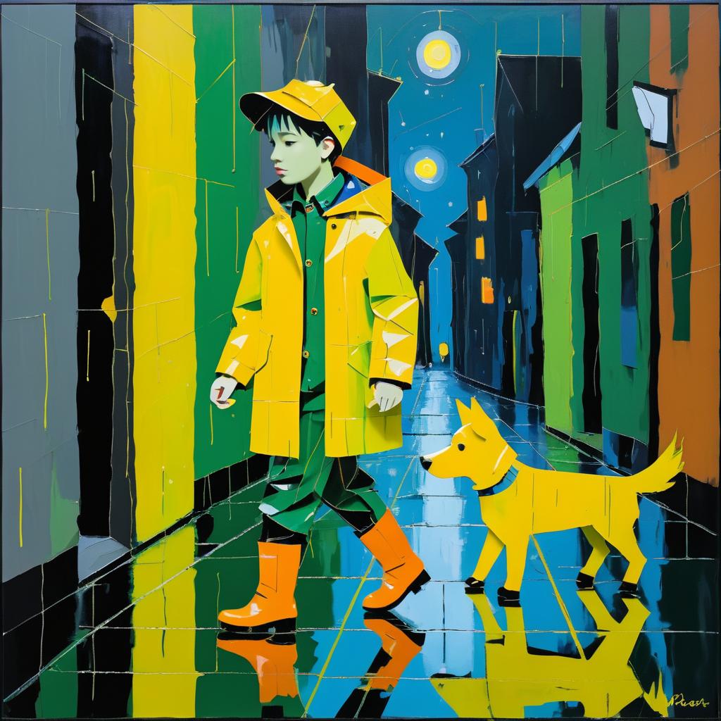 Abstract Night Walk: Boy and Dog