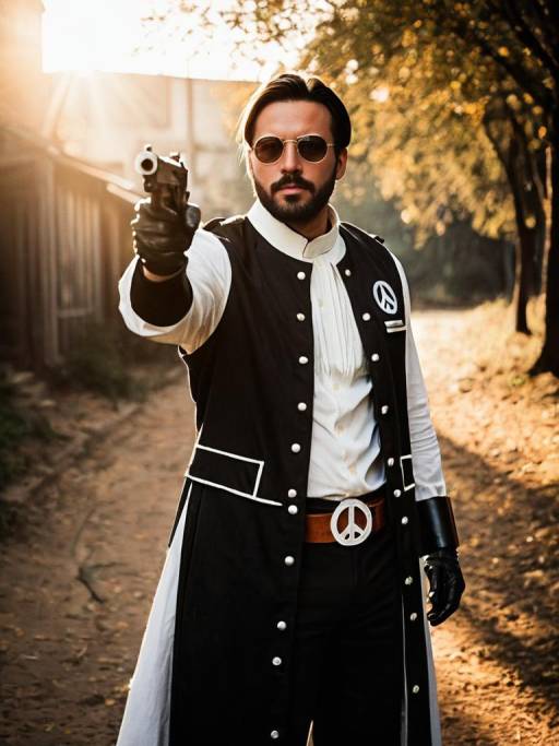 Man in Peacemaker Cosplay Costume Aiming Gun