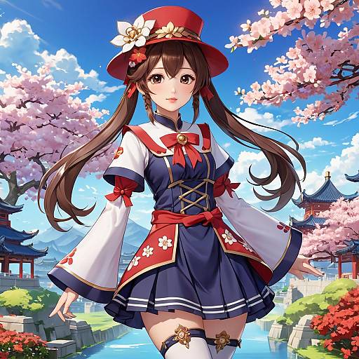Anime-style digital drawing of a young woman in a red hat and blue dress, standing in a cherry blossom garden with traditional Japanese buildings. Bright blue sky