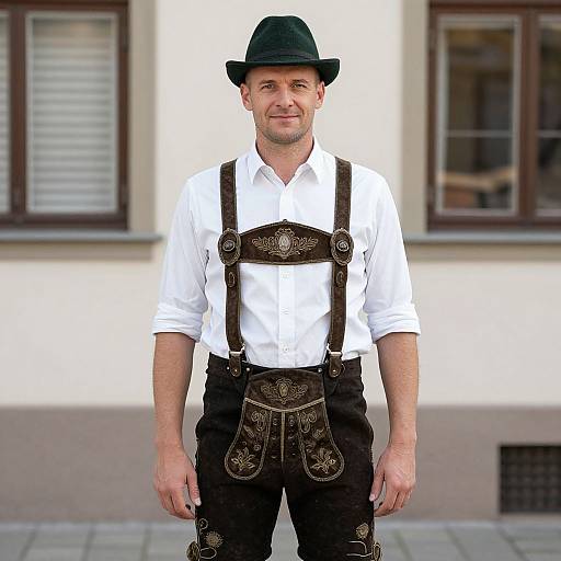 Photograph of a smiling white man in traditional Bavarian attire: white shirt, black leather suspenders, brown leather pants, black hat, standing in