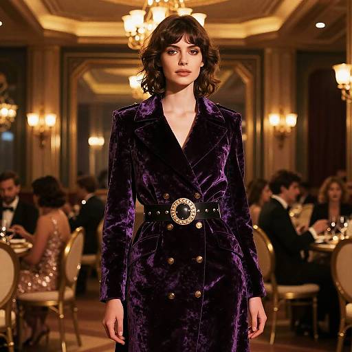 Elegant Woman in Velvet Coat at Art-Deco Ballroom