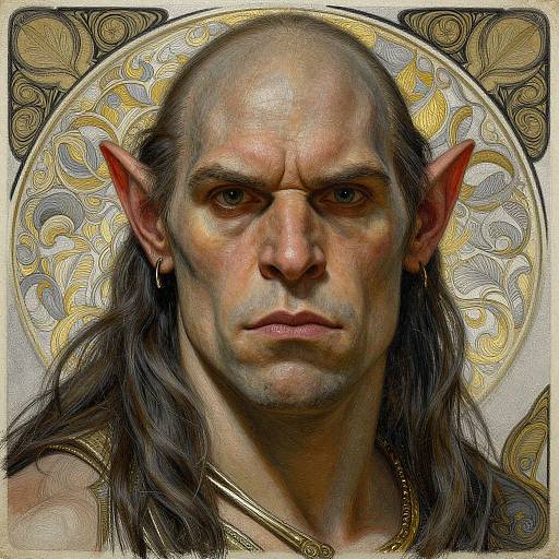 Digital portrait of a stern-faced, bald, long-haired elf with pointed ears, golden hoop earring, and intricate, ornate halo background.