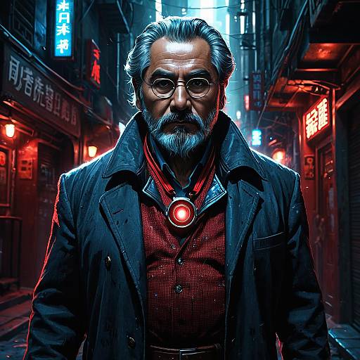 Grizzled Cyberpunk Detective in Neon Alley