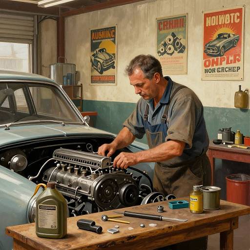 Photograph of middle-aged man in blue denim overalls working on vintage car engine in rustic garage, surrounded by tools and vintage posters.