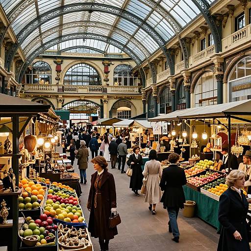 Photograph of a bustling indoor market with a glass-roofed, Victorian-style arcade. Shoppers in winter coats browse vibrant fruit stalls under warm,
