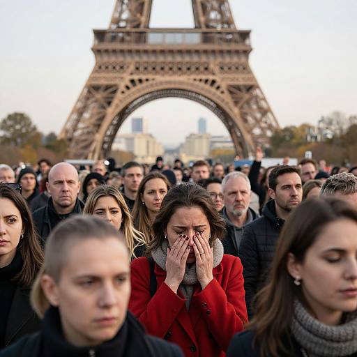 Photograph of a diverse crowd in front of the Eiffel Tower, with a central woman in a red coat covering her face, expressing sadness or