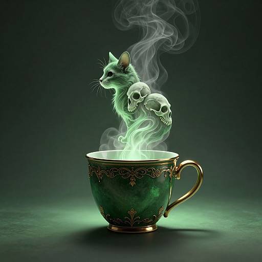 Digital artwork: Green teacup with ornate gold patterns, containing glowing green smoke, a floating ghostly cat, and two skulls. Dark,