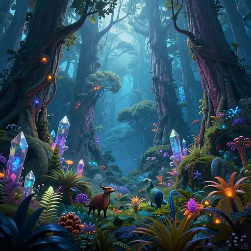 Fantastical forest scene with vibrant glowing crystals, colorful mushrooms, and bioluminescent plants. A deer and bluebird stand amidst towering, enchanted