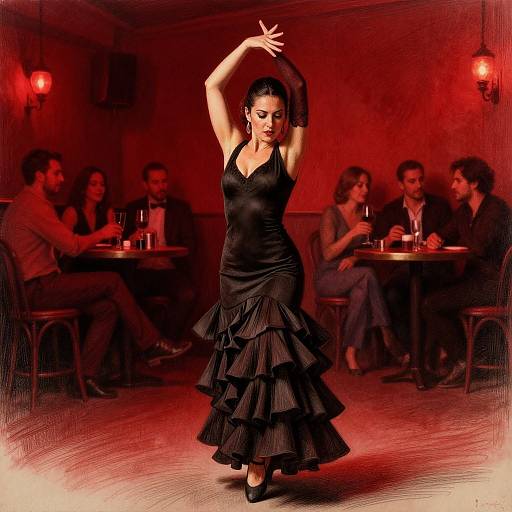 Photograph of a dark-haired woman in a black ruffled dress and black heels, dancing with arms raised in a dimly lit, red-hued