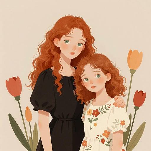 Sisters with Red Hair Among Flowers