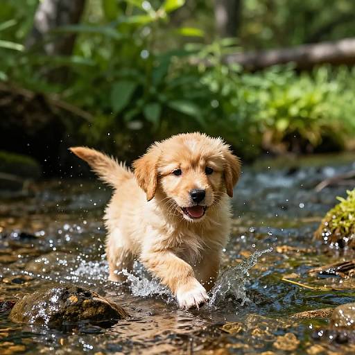 Photograph of a golden brown puppy joyfully splashing through a shallow, sunlit forest stream, with green foliage in the background.
