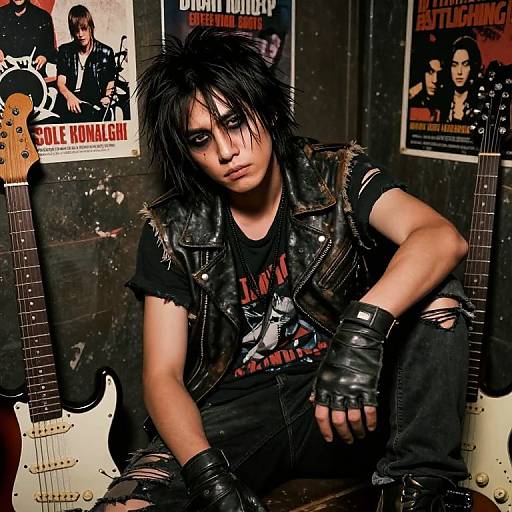 Photograph of a punk-rock musician with spiky black hair, wearing a leather vest, ripped t-shirt, and fingerless gloves, sitting between two