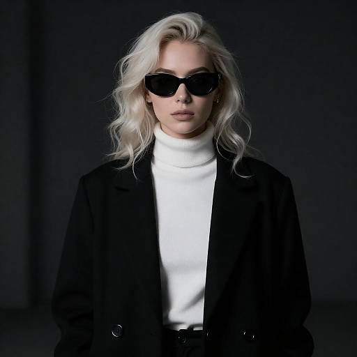 Woman with Platinum Blonde Hair in Black Coat and Sunglasses