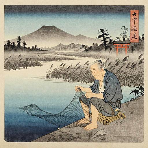 Ukiyo-e woodblock print of elderly man fishing by serene lake, wearing blue kimono, with mountains and torii gate in background.