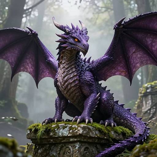 Digital art of a fierce, purple dragon with glowing orange eyes, large wings, and sharp claws perched on a moss-covered stone pillar in a mist