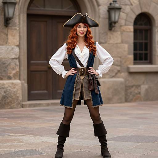 Photograph of a smiling red-haired woman in pirate costume: white shirt, blue vest, brown shorts, black boots, tricorn hat, standing confidently