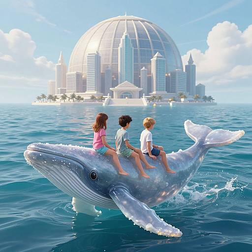 Children on Whale in Dreamlike Seascape