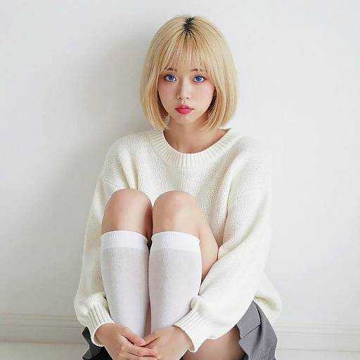 Photograph of a blonde woman with blue eyes, wearing a white sweater, white knee-high socks, and a grey skirt, sitting against a white wall