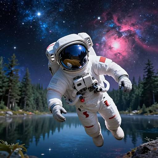Photorealistic digital artwork of an astronaut in a white spacesuit with reflective helmet, floating over a serene forest lake at night, with a vibrant star