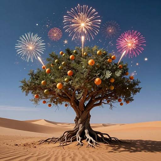 Photograph of a vibrant orange tree with fruit, fireworks exploding above, set against a clear blue sky and sandy desert.