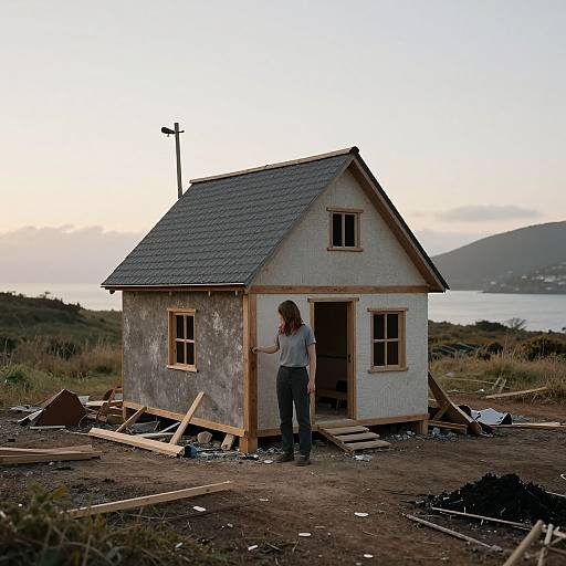 Photograph of a woman with long brown hair standing in front of a small, unfinished, weathered wooden house on a dirt lot by the sea at