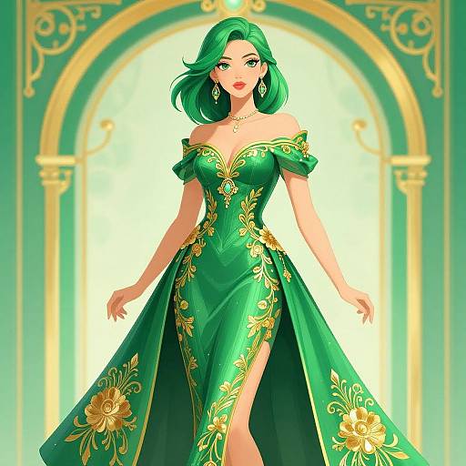Elegant Woman in Green and Gold