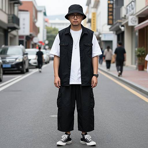 Photograph of a young Asian man with glasses, black bucket hat, white t-shirt, black vest, cargo pants, and black-and-white sneakers,