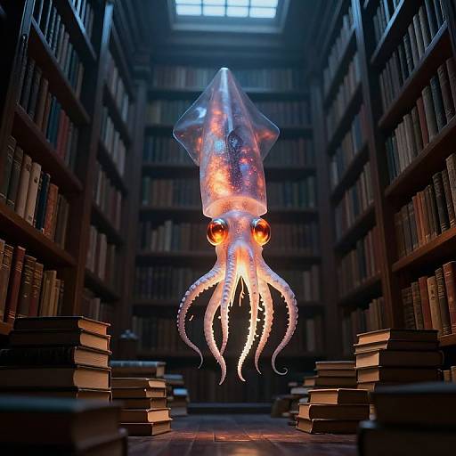 Photograph of a glowing octopus with orange eyes floating in a dimly lit, vast library filled with stacked books.