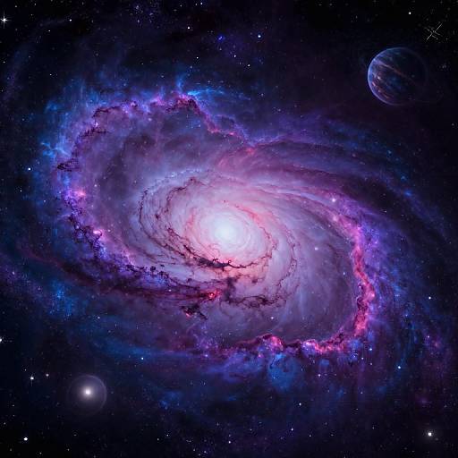 Photorealistic digital artwork of a vibrant, spiraling galaxy with neon pink, blue, and purple hues, surrounded by stars and two distant planets in