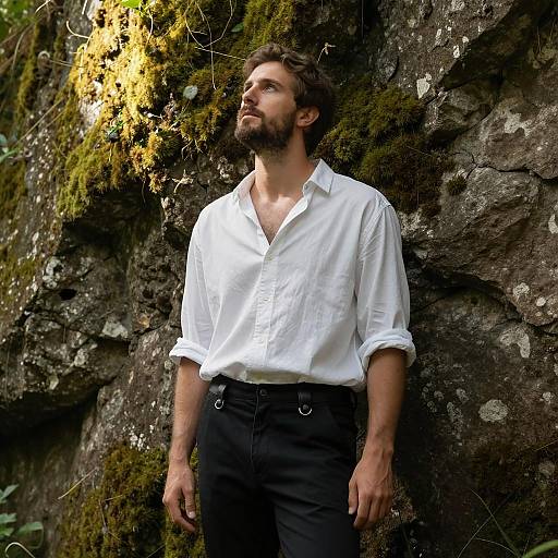Man in White Shirt Standing by Mossy Rock Wall
