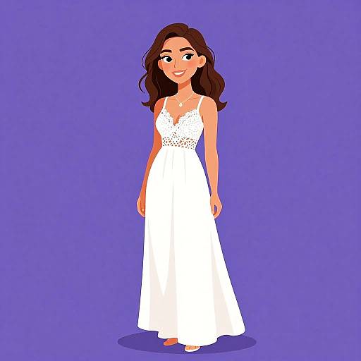 Digital illustration of a smiling woman with long brown hair, wearing a white, sleeveless, lace-trimmed dress, standing against a solid purple background