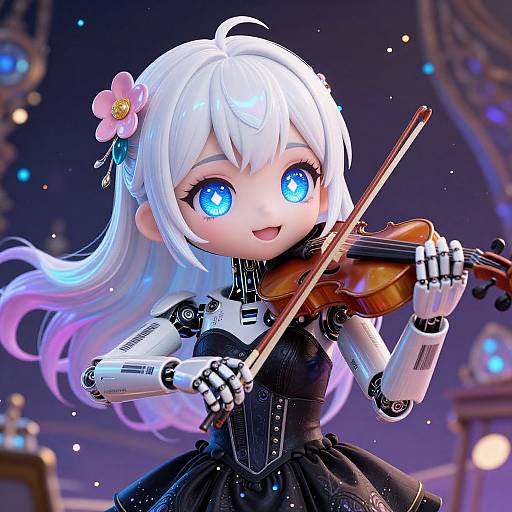 Digital anime-style drawing of a white-haired, blue-eyed, robotic girl with a flower in her hair, playing a violin on a stage.