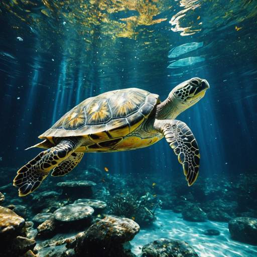 Amber-colored Turtle Swimming Underwater