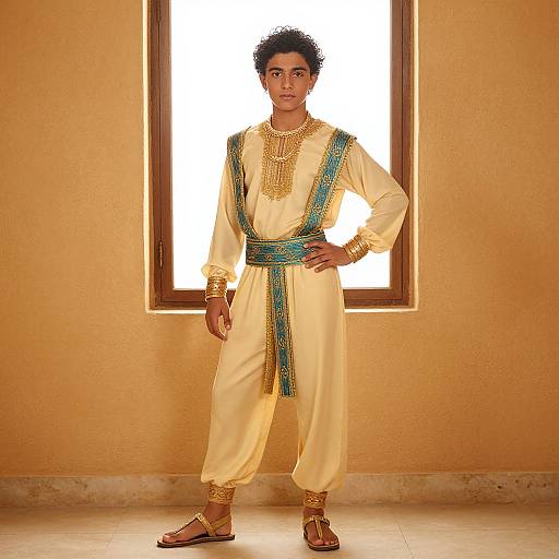Photograph of a young man with dark curly hair in traditional Indian attire: white kurta, turquoise sash, gold jewelry, standing confidently in front