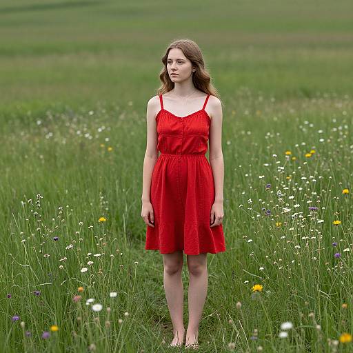 Photograph of a young woman with fair skin and brown hair, wearing a red sleeveless dress, standing in a lush, green meadow filled with