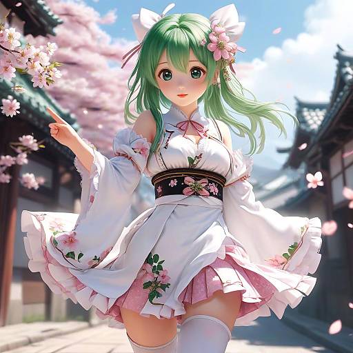 Digital anime artwork of a green-haired girl in a white floral kimono with pink accents, standing under cherry blossoms in a sunlit traditional Japanese street