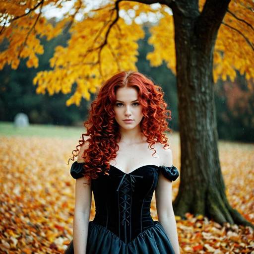 Red-haired Woman in Black Dress with Autumn Leaves