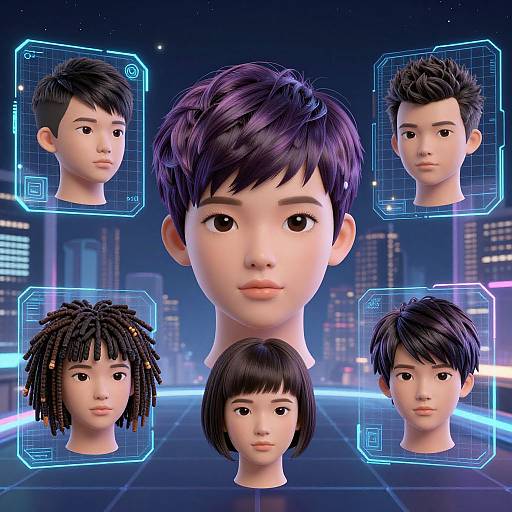 Digital CGI image of a stylized Asian male face with various hairstyles, surrounded by neon blue holographic frames, against a futuristic cityscape background.