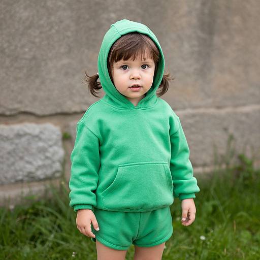 Photograph of a toddler with fair skin, dark brown hair, and wide eyes, wearing a green hoodie and matching shorts, standing in front of a