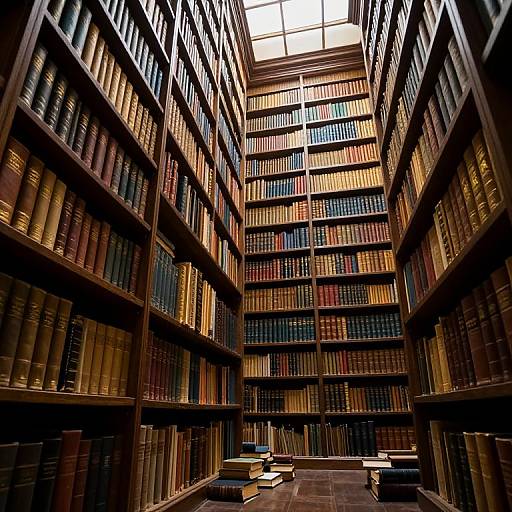 Photograph of a grand, dimly-lit library with towering wooden bookshelves filled with colorful, bound books, converging towards a sunlit