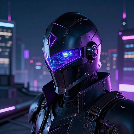 CGI cyberpunk image of a futuristic armored figure with glowing blue visor, neon cityscape background, and vibrant purple and blue lights.